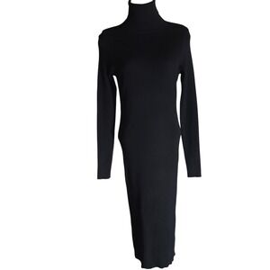 Ninovino Women's Turtleneck Sweater Dress Black Ribbed Knit Bodycon L 42" Length